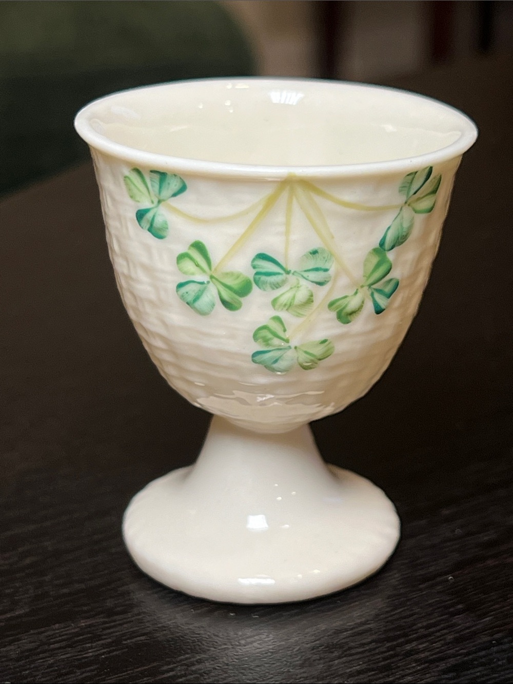 VTG Belleek White Floral Porcelain Shamrock Basketweave Pottery Decor Egg Cup